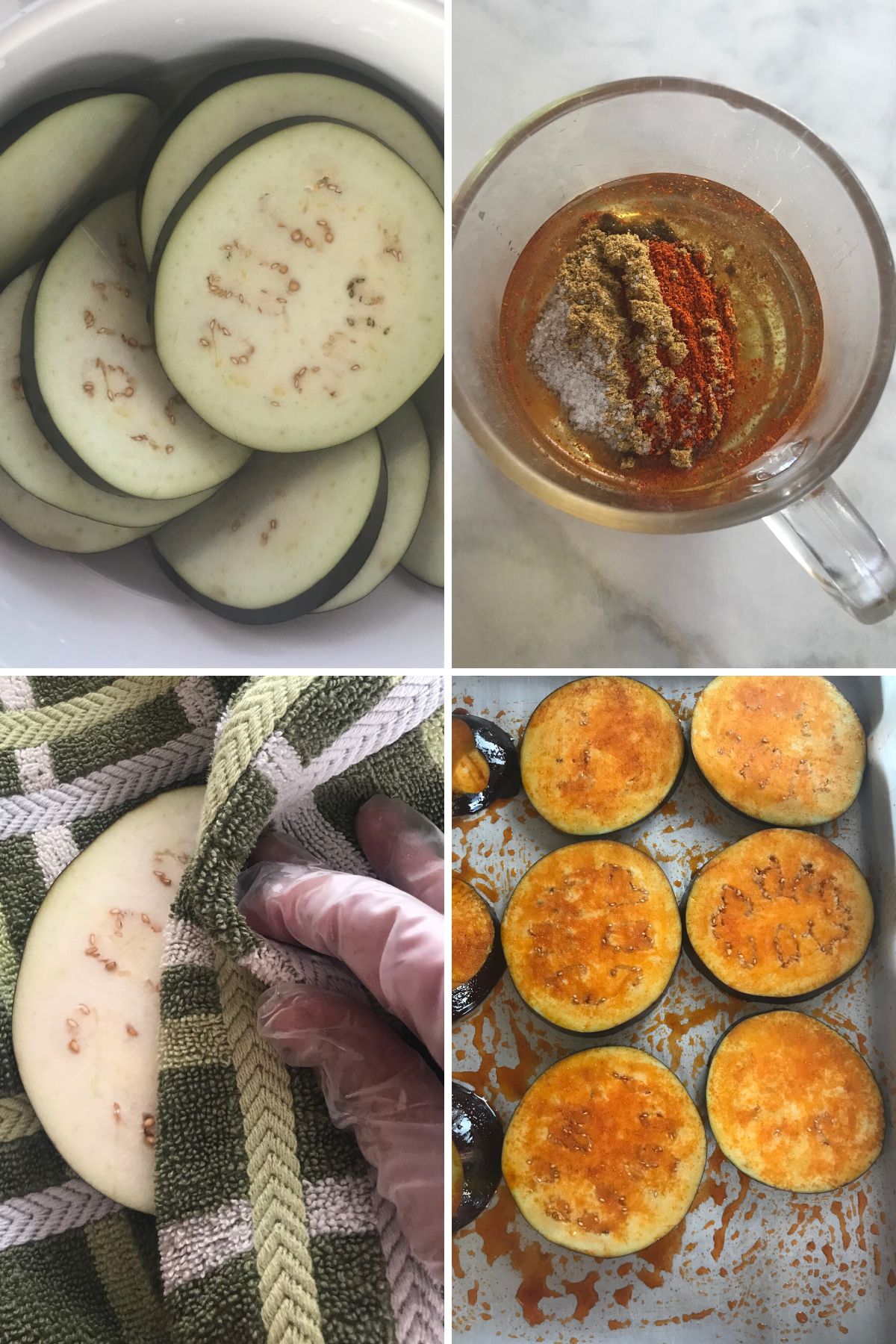 Acollage of four images showing how to roast eggplant slices in the oven.