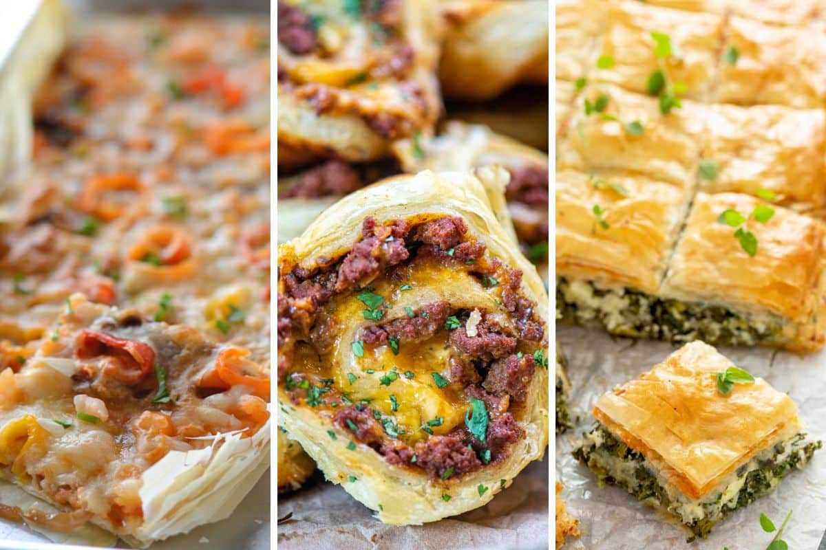 A collage of three savory phyllo recipes.