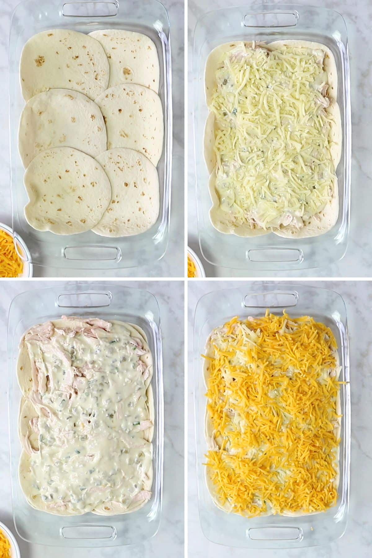 A collage of four images showing how to make chicken enchilada casserole.