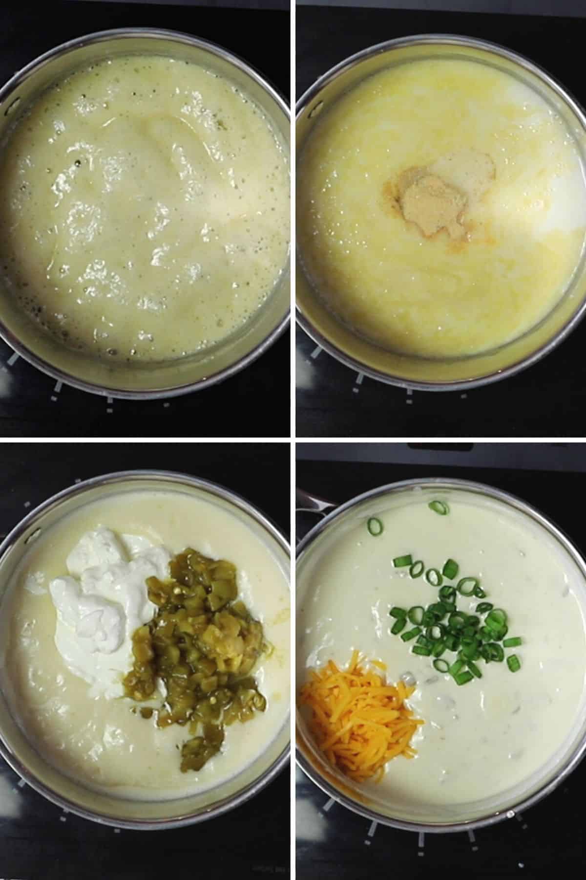 A collage of four images showing how to make sour cream sauce.