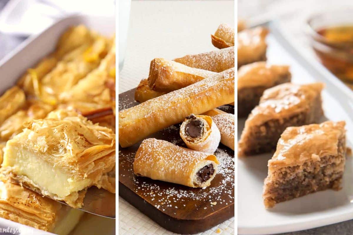 A collage of three images for sweet phyllo recipes.