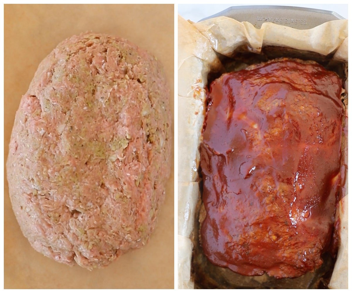 A collage of two images showing how to shape, bake and glaze turkey meatloaf.