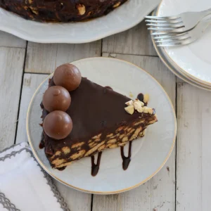 A top view of a slice of chocolate biscuit cake on a plate.