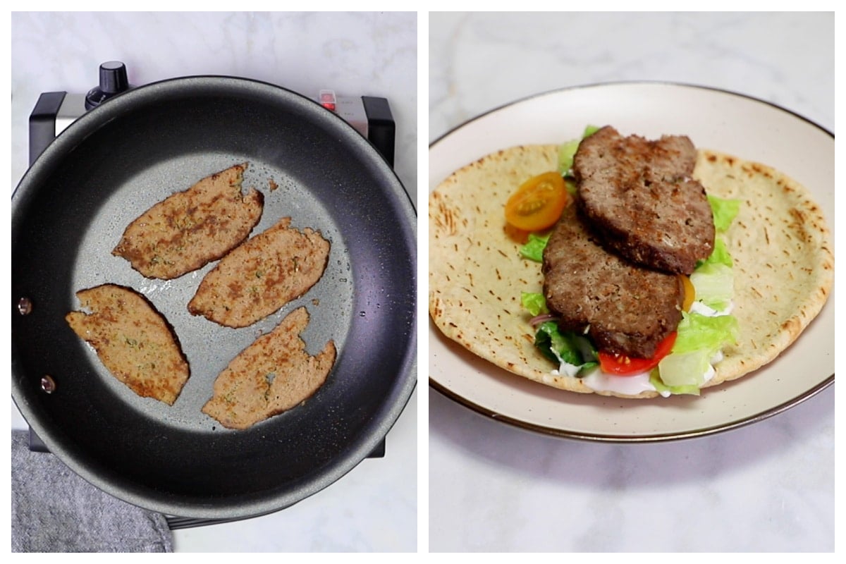 A collage of two images showing how to make ground beef gyros wraps.