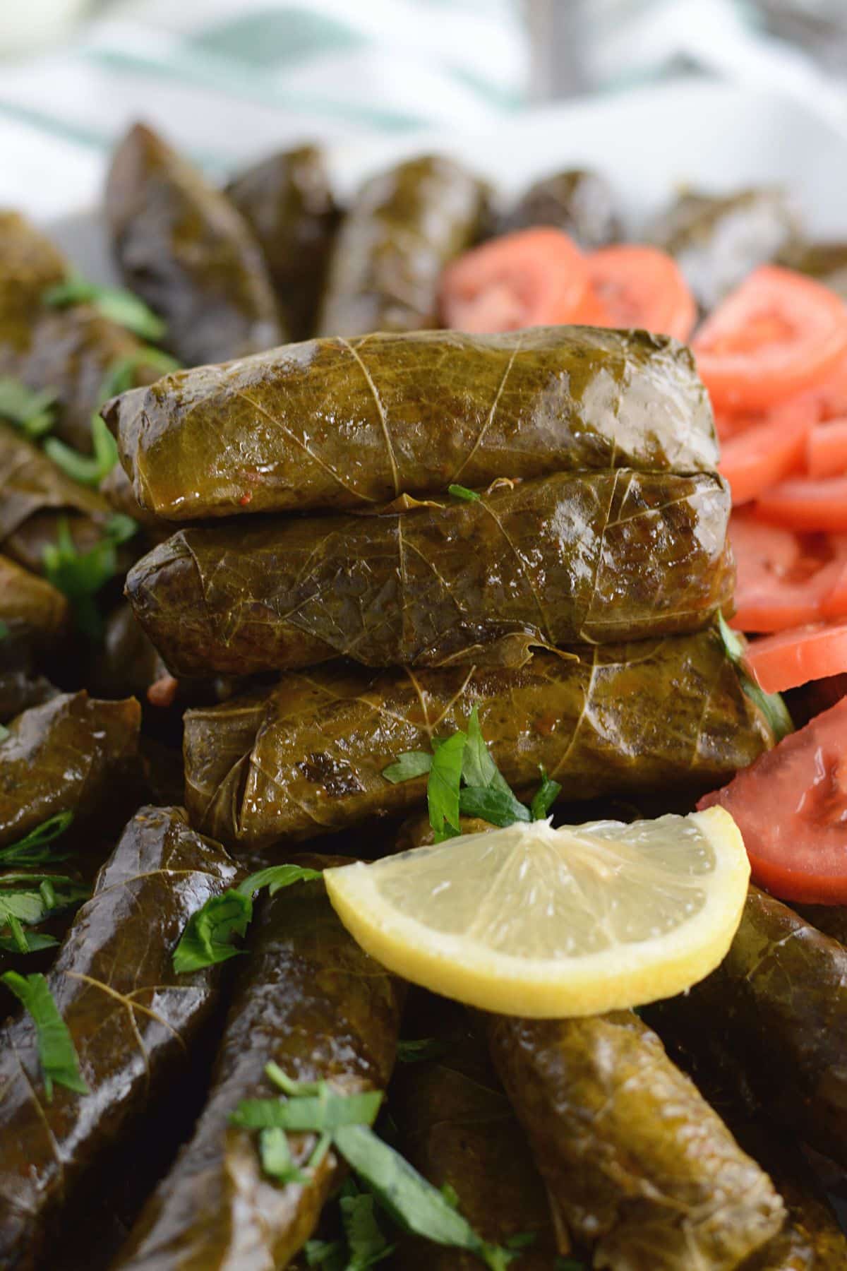 A stack of stuffed grape leaves with a lemon slice.