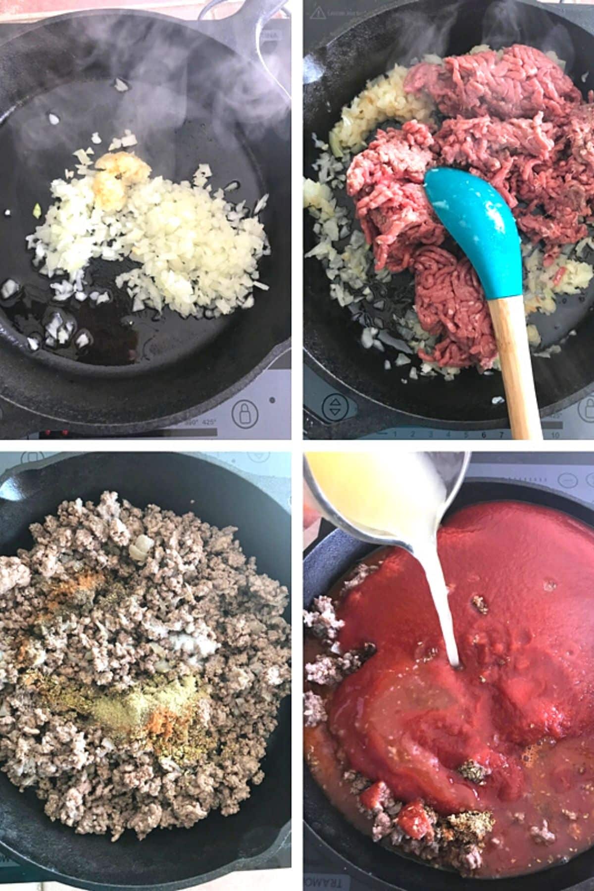 A collage of four images showing how to cook ground beef for this recipe.