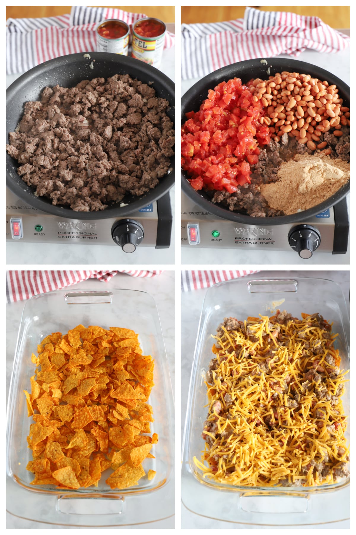 A collage of two images showing how to make ground beef mixture of the doritos casserole.