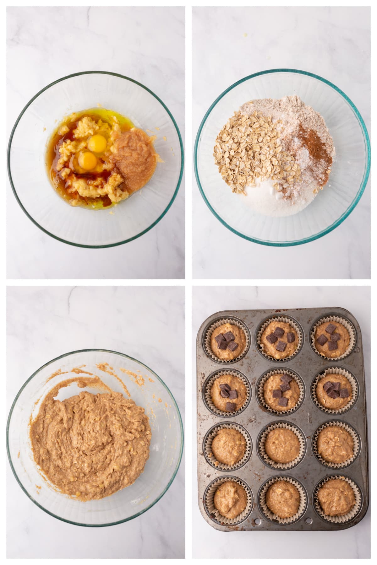 A collage of four images showing how to make healthy banana muffins.