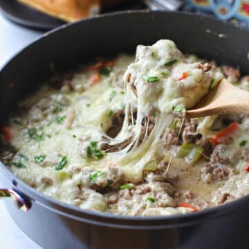 A close up look at a philly cheesesteak casserole.