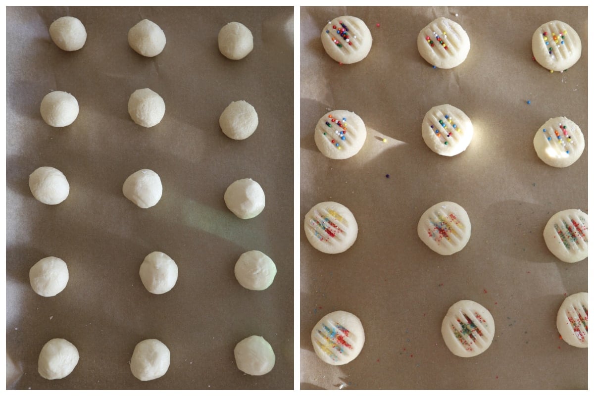 A collage of two images showing how to shape and bake shortbread cookies.