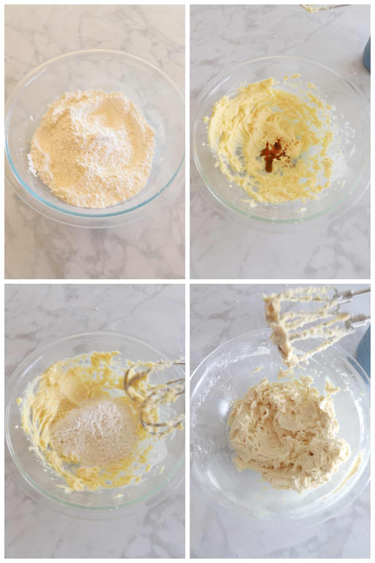 A collage of four images showing how to make shortbread cookies dough.