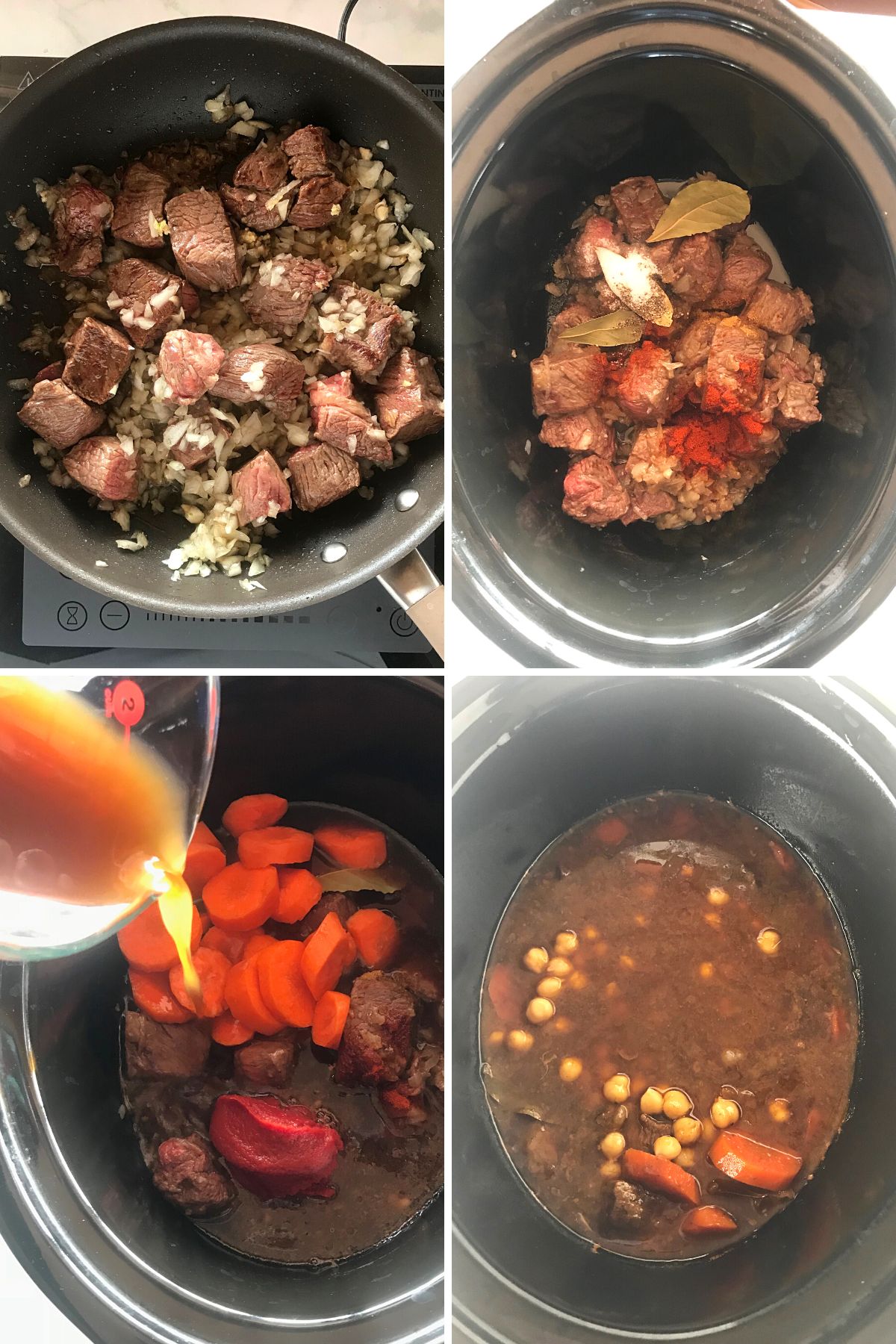 A collage of four images showing how to make beef stew.