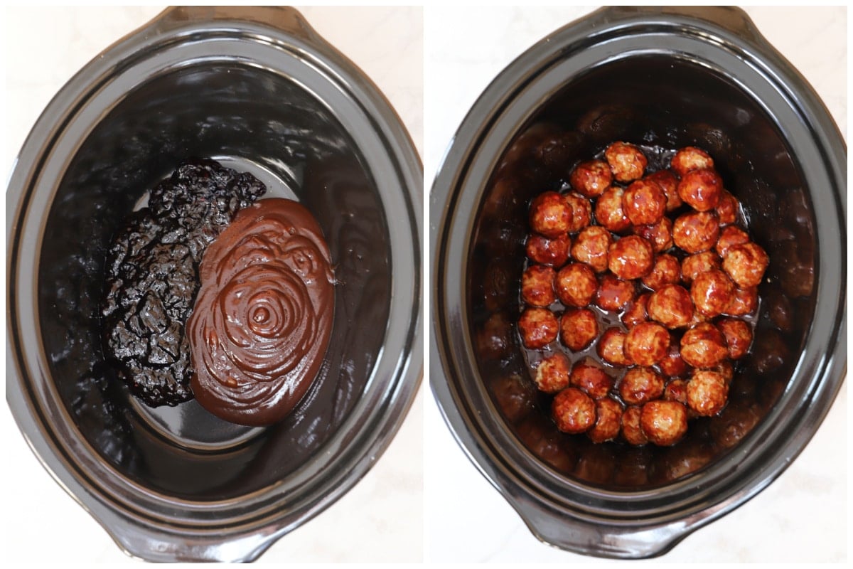 A collage of two images showing how to make bbq meatballs in crockpot.