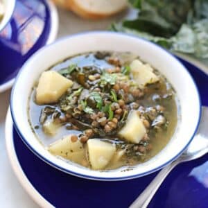 Lentil soup on a white bowl with a blue rim.