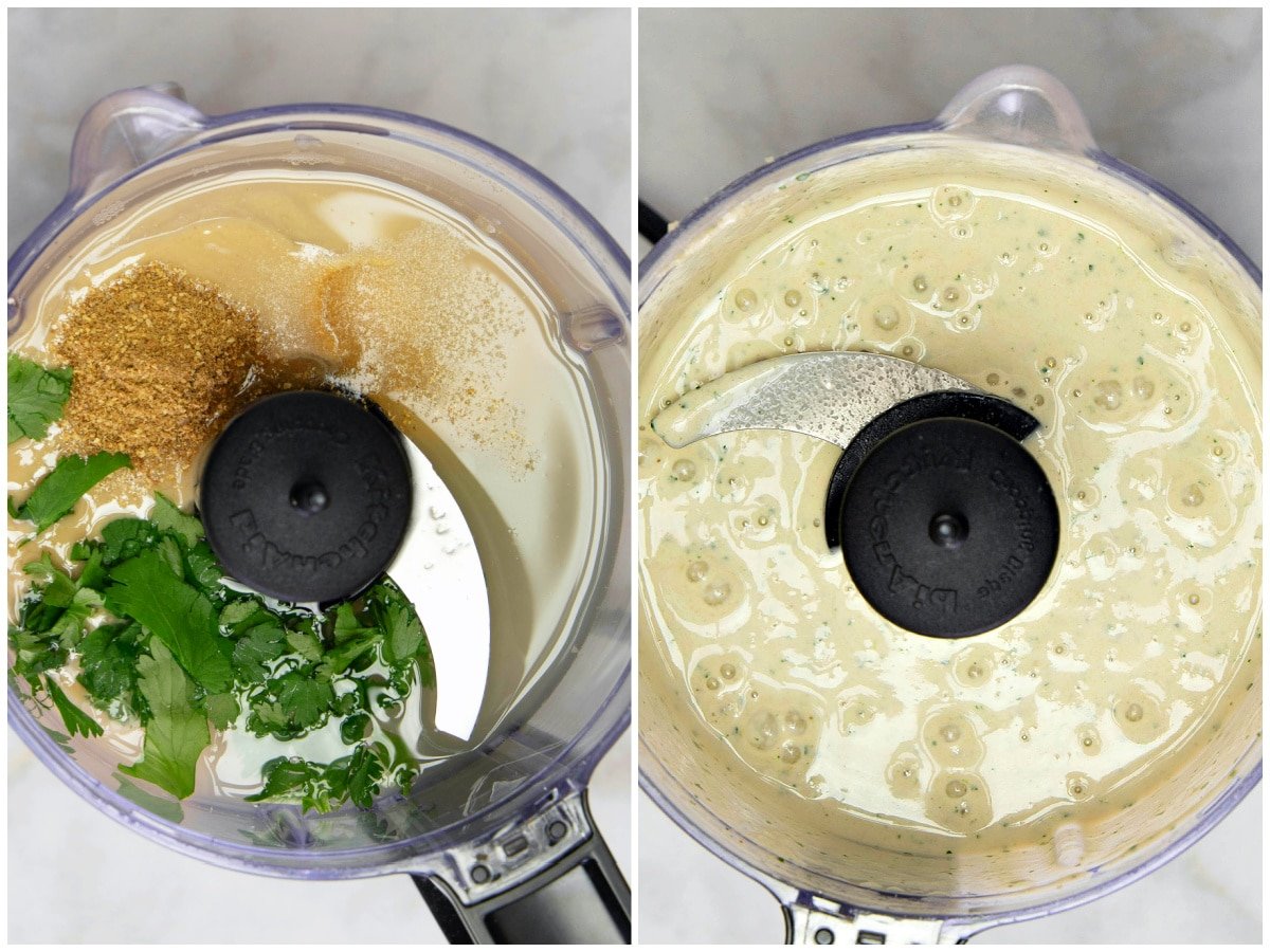 A collage of two images showing how to make lemon tahini dressing.