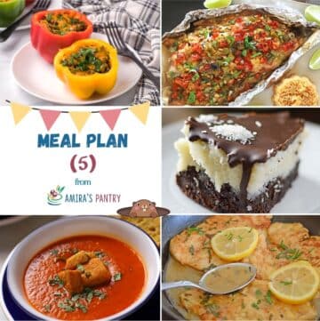 A collage of 5 images of recipes from meal plan of week 5.