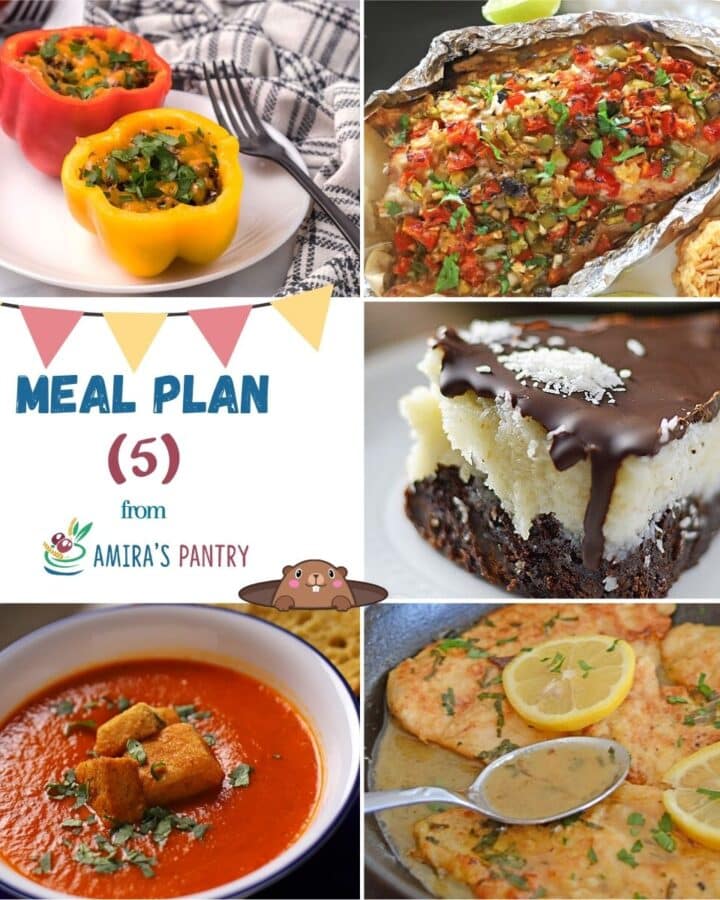 A collage of 5 images of recipes from meal plan of week 5.