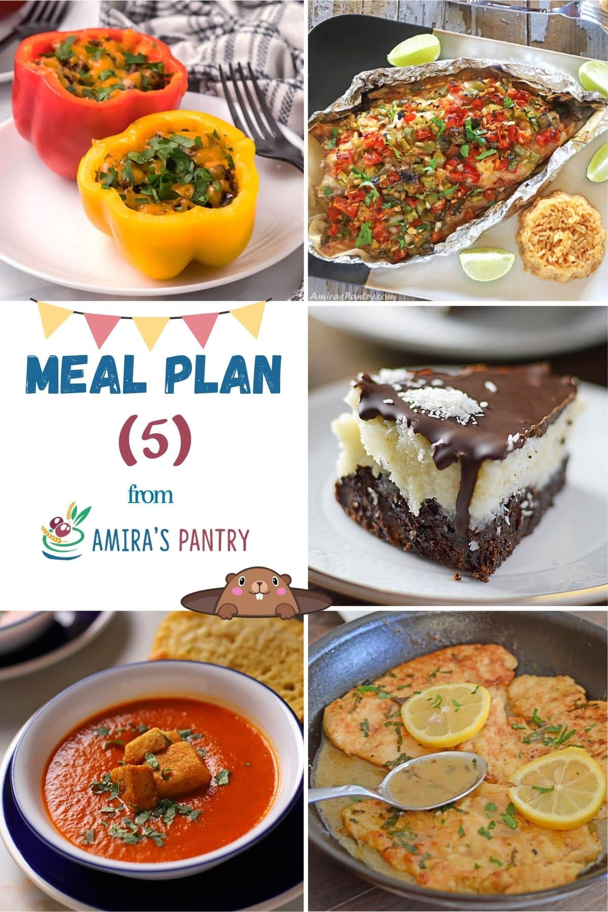 A collage of 5 images showing recipes from thsi week's meal plan.