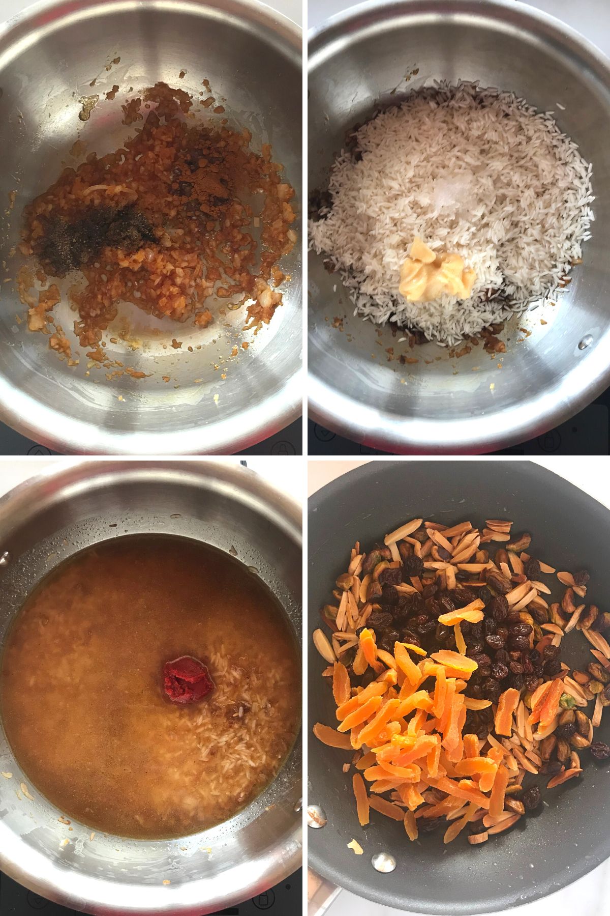 A collage of four images showing how to make rice pilaf.