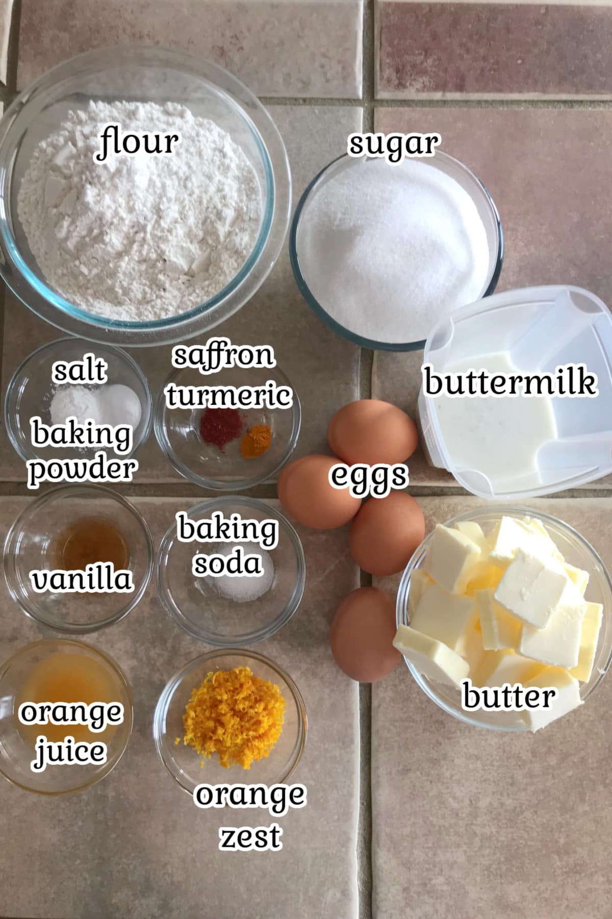Orange cake ingredients on a counter.