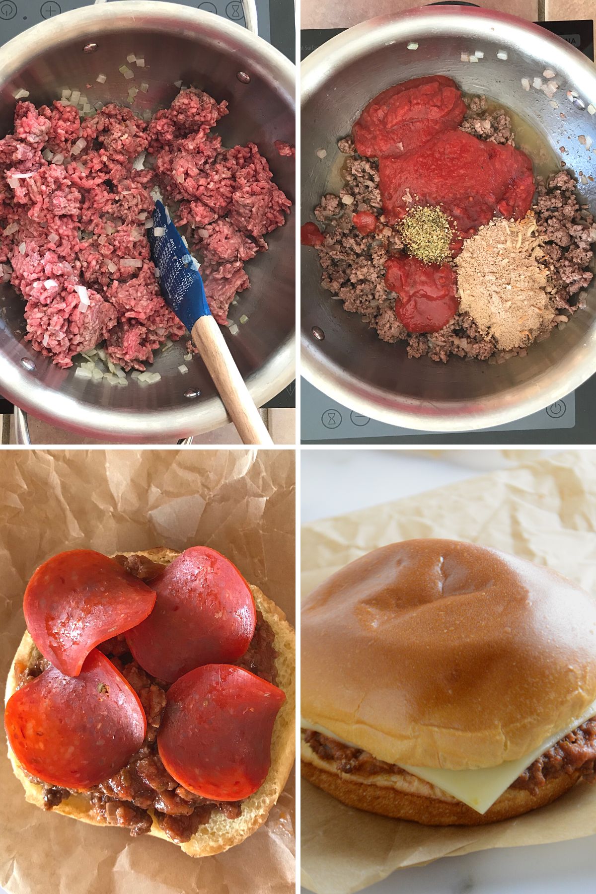 A collage of four images showing how to make pizza burger recipe.
