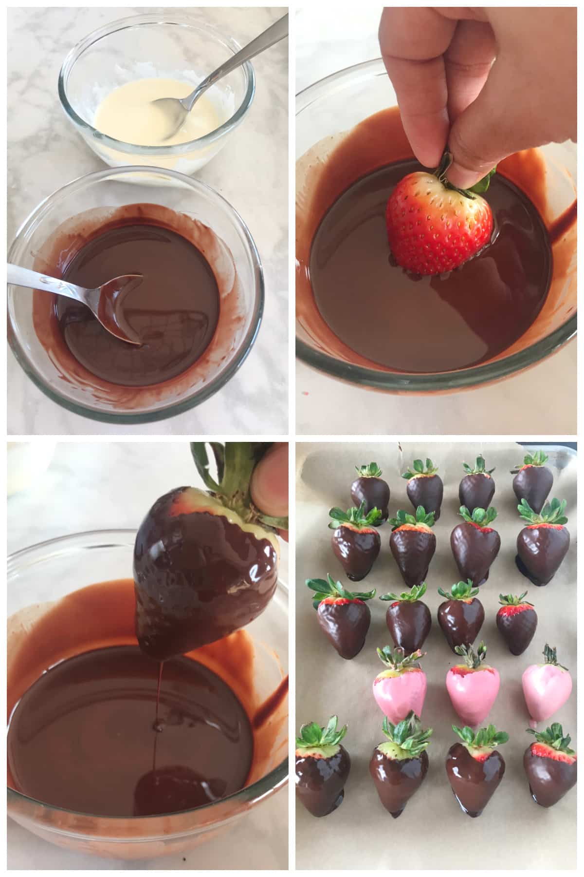 A collage of four images showing how to make chocolate covered strawberries.