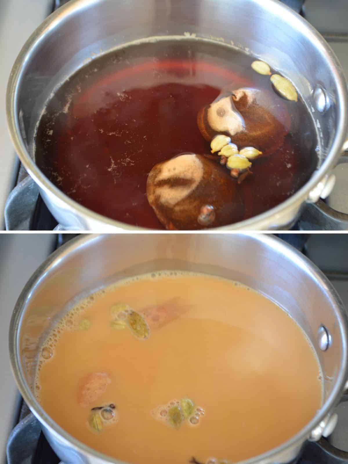 A collage of two images showing how to make Karak tea.
