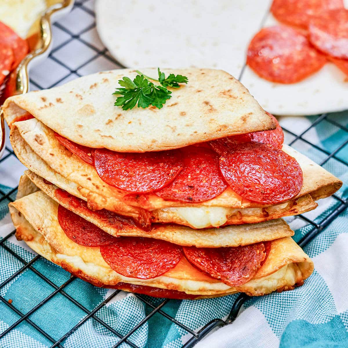 Air Fryer Pizza Quesadillas on cooling rack.