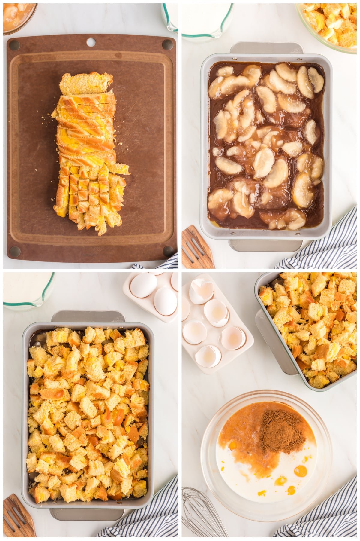 A collage of four images showing how to prepare brioche french toast.