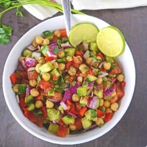 Top view of a big bowl of chickpea salad.