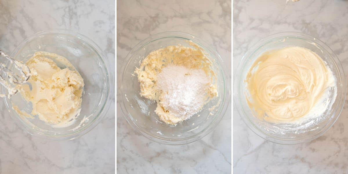 A collage of three images showing how to make cream cheese frosting.
