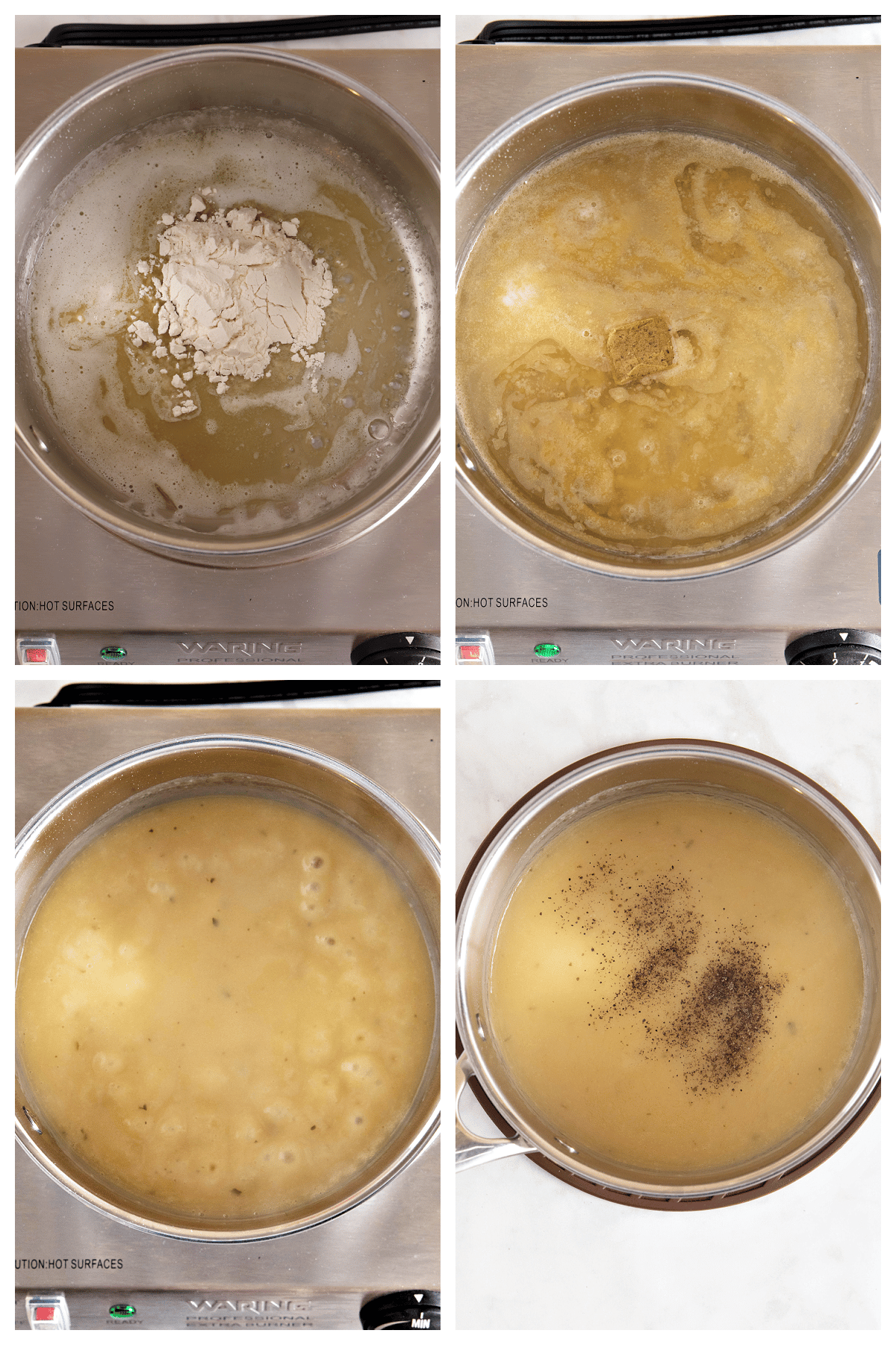 A collage of four images showing steps to make cream of chicken soup.