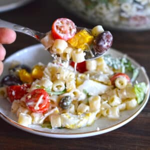 A fork with some ditalini pasta salad.