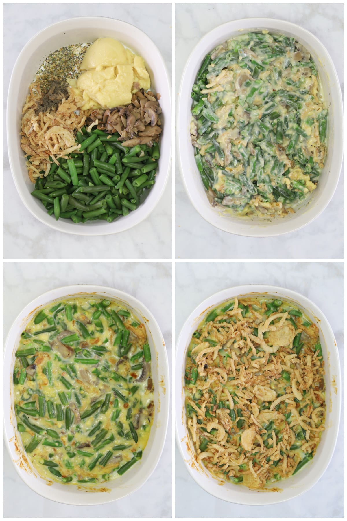 A collage of four images showing how to make green bean casserole.