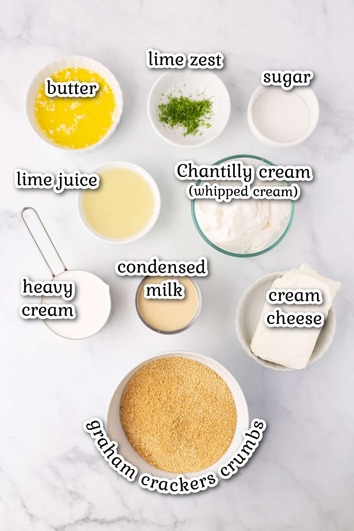 Recipe ingredients on a marble counter top.