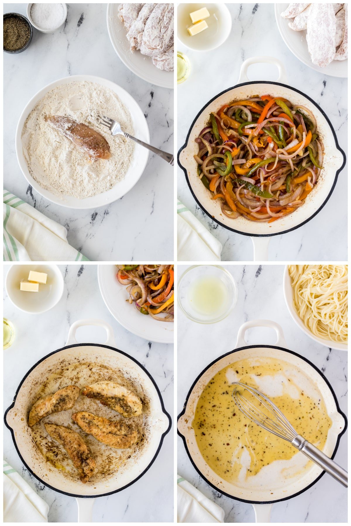 A collage of four images showing how to prepare chicken scampi dish.
