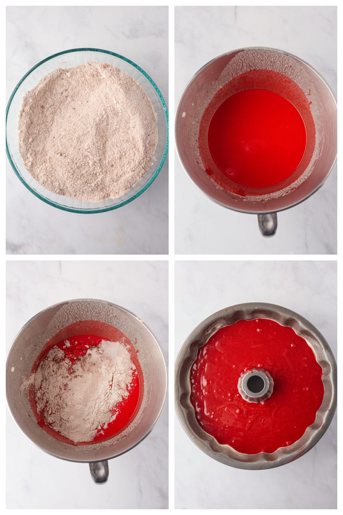 A collage of four images showing how to make red velvet bundt cake.