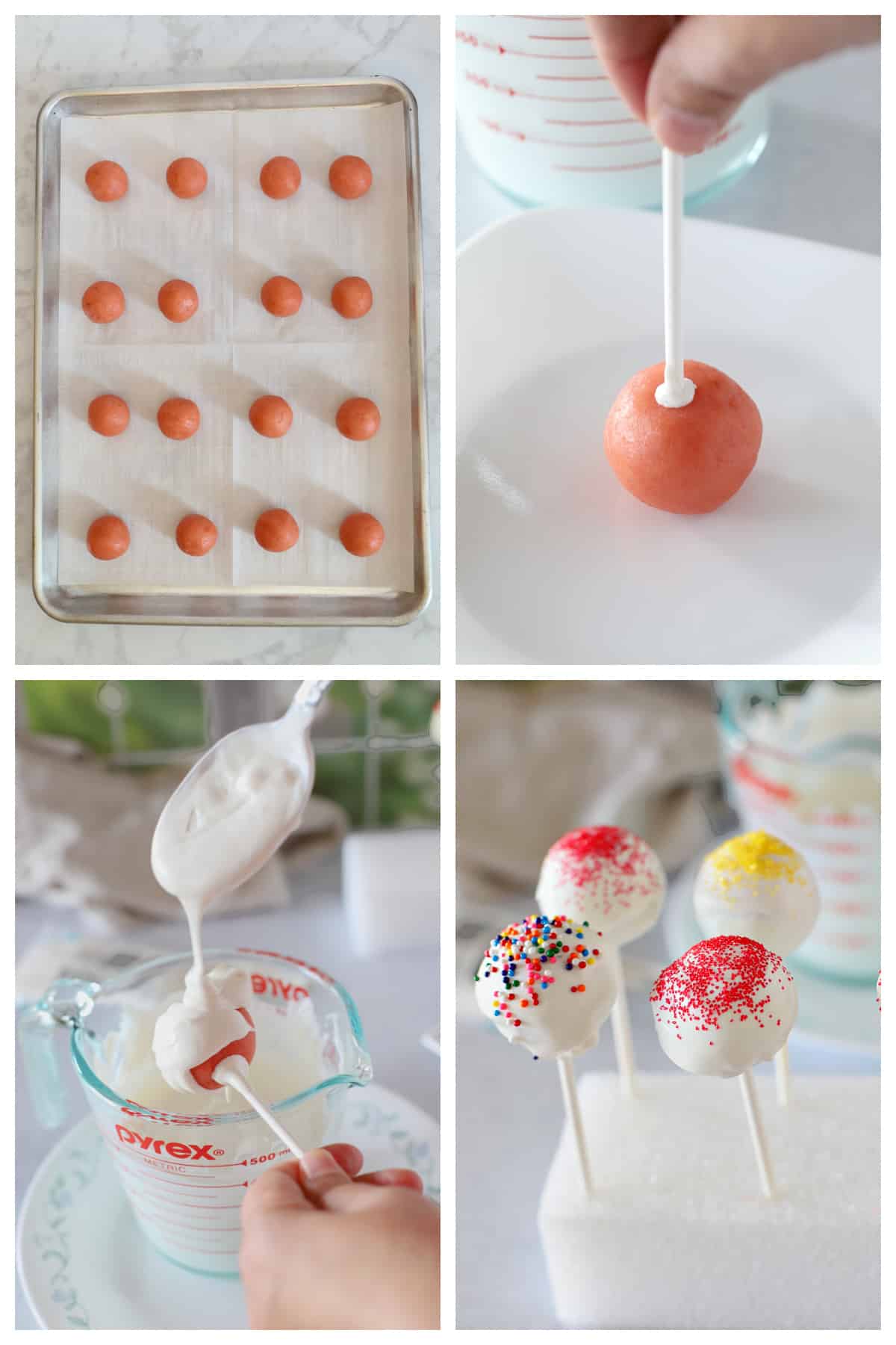 A collage of 4 images showing how to frost cake pops with candy melts.