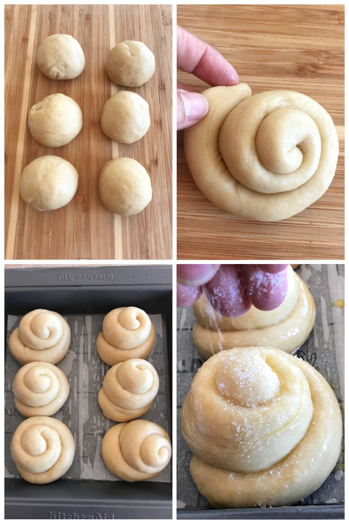 A collage of four images showing how to shape and bake bread rolls.