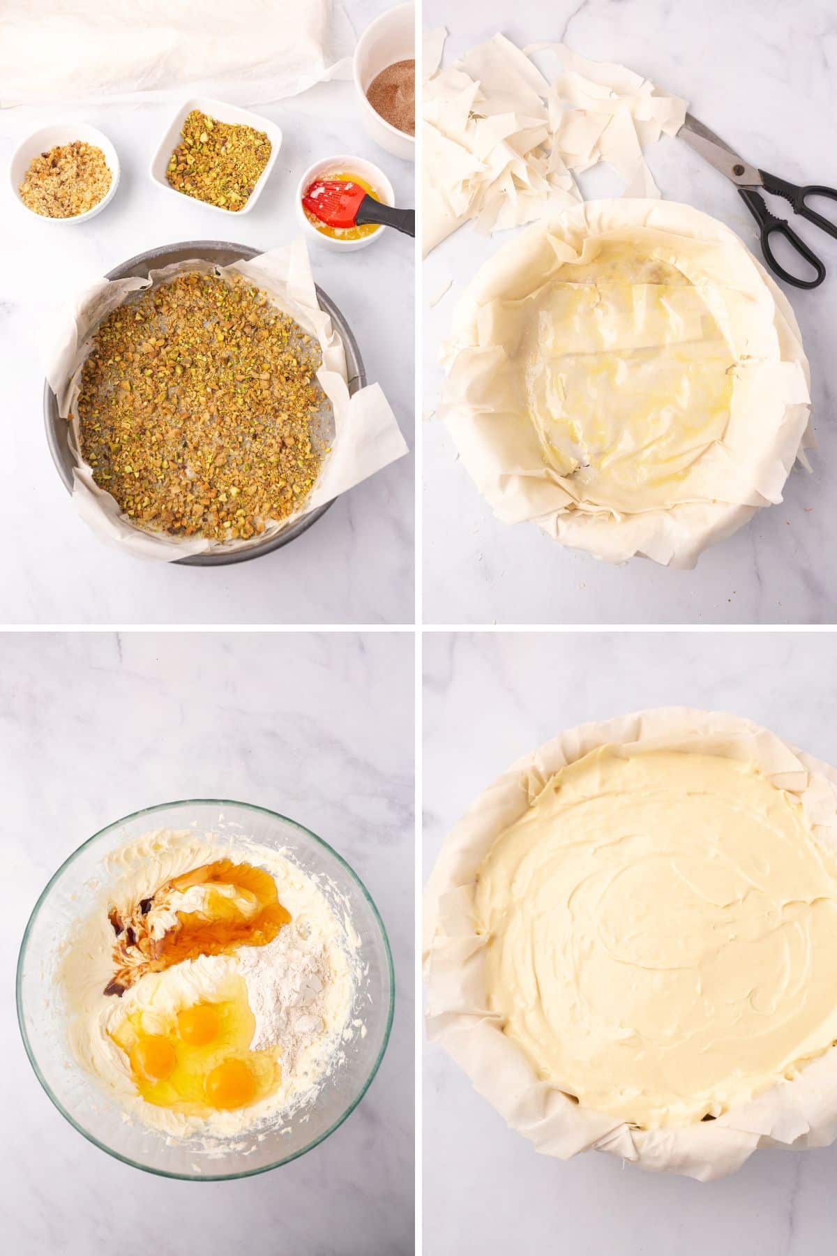 A collage of four images showin how to make baklaa cheesecake.