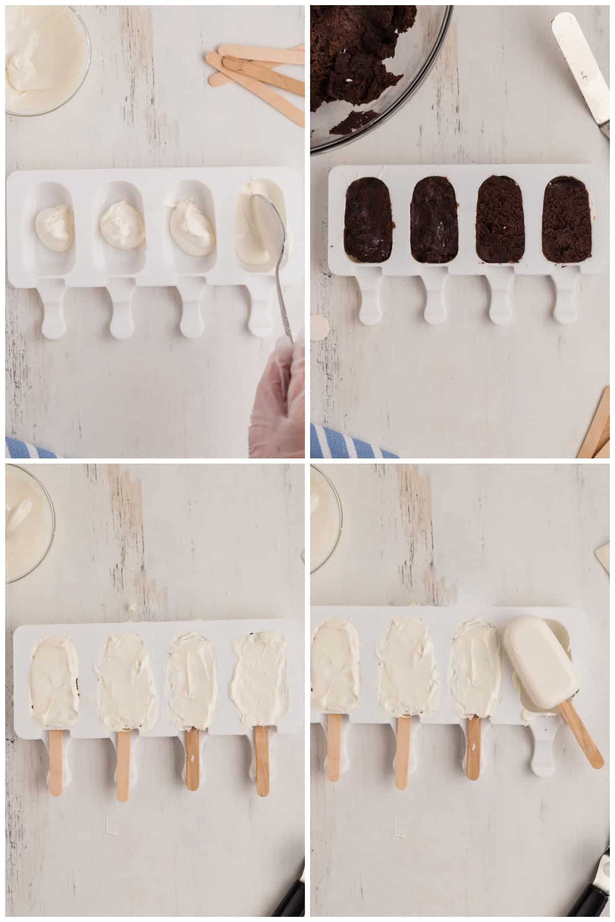 A collage of four images showing how to form and shape cakesicles.