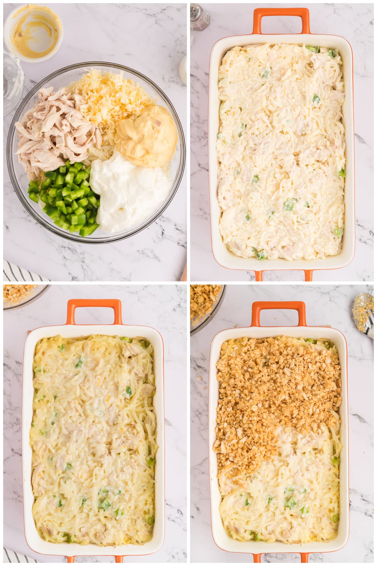 A collage of four images showing how to make chicken hashbrown casserole.