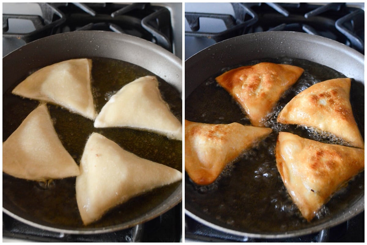 A collage of two images showing how to fry samosa.