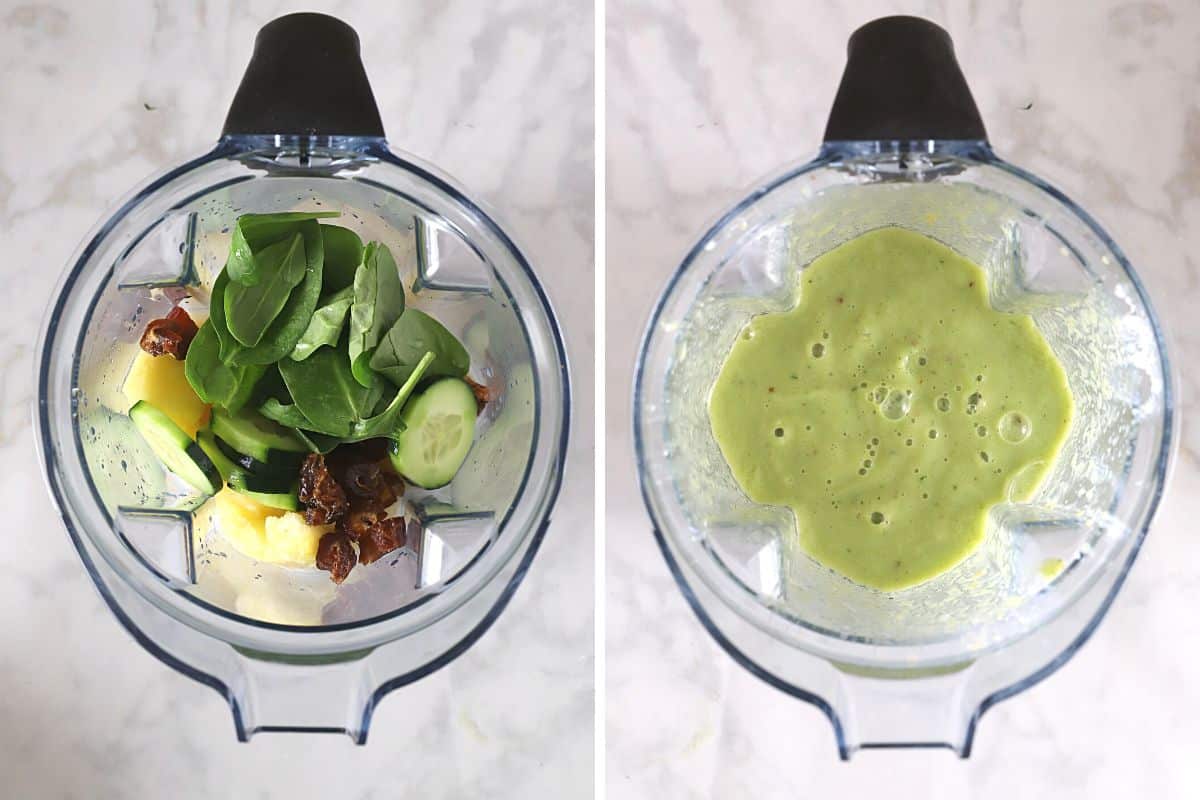 A collage of two images showing how to make pineapple cucumber smoothie.