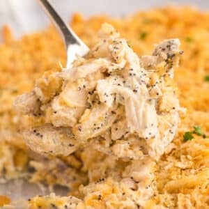 A fork scooping some of the casserole.