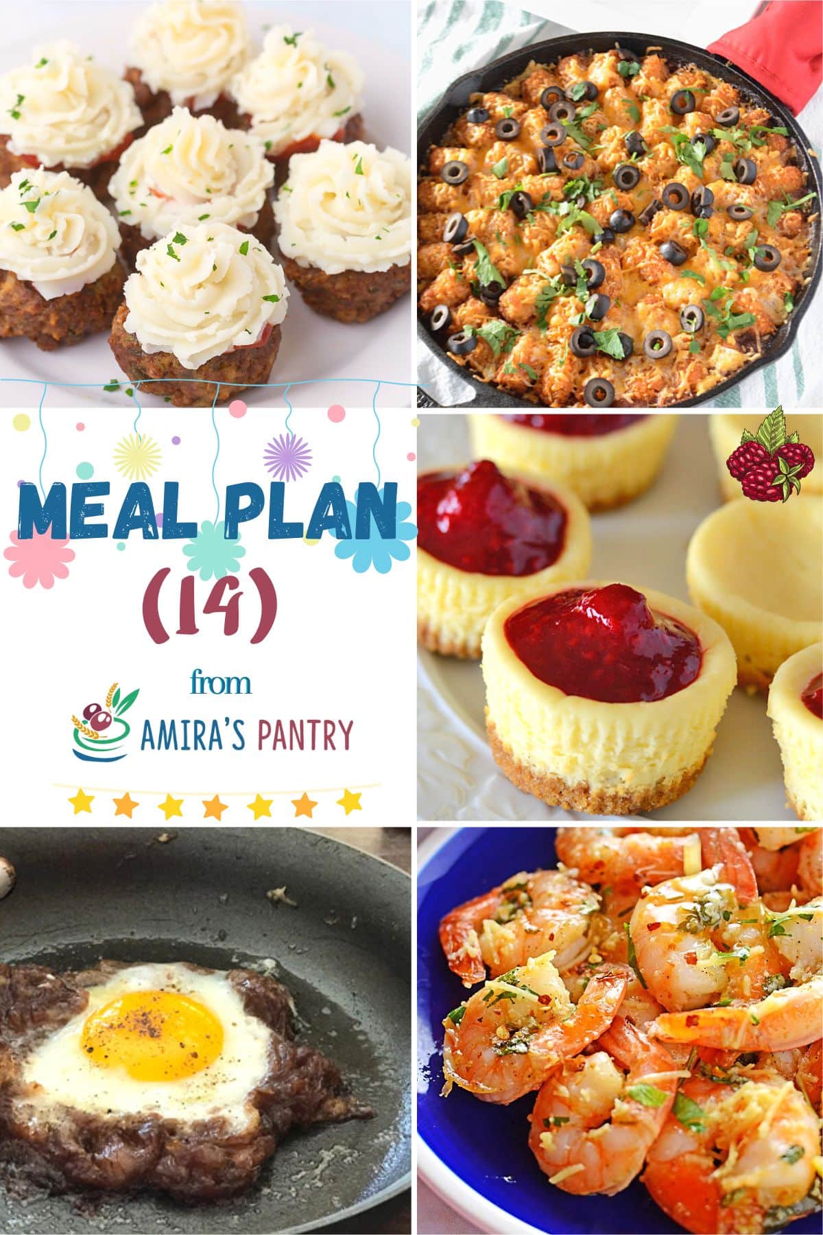A collage of recipes from this week's meal plan focusing on family food.