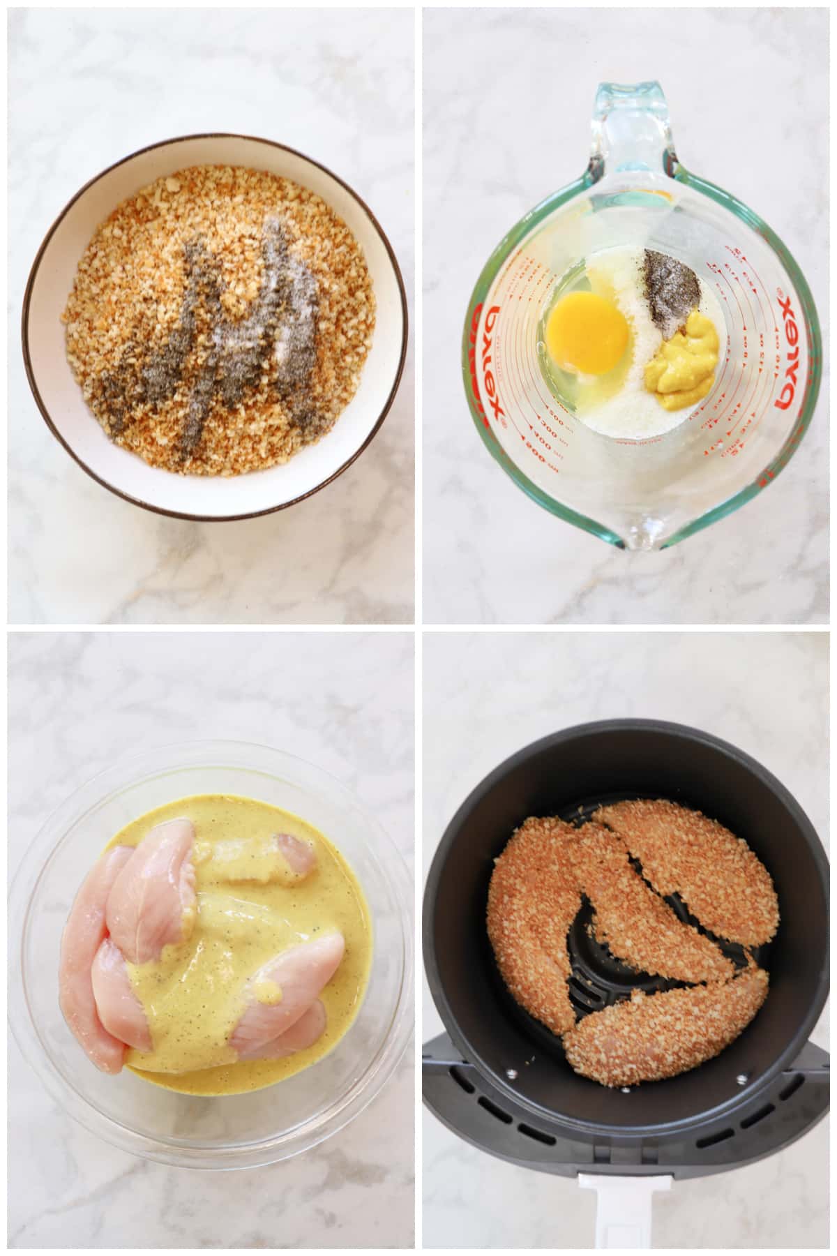 A collage of four images showing how to make breadded chicken tenders in the air fryer.