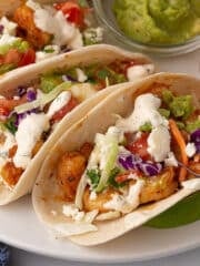 A close up image of one shrimp taco on a white plate.