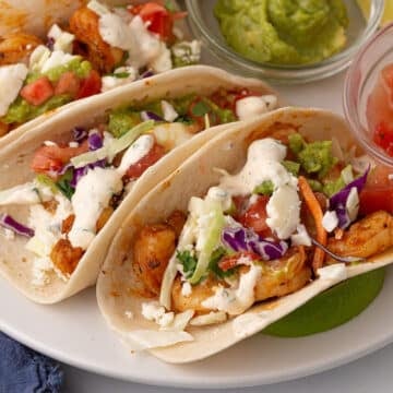 A close up image of one shrimp taco on a white plate.