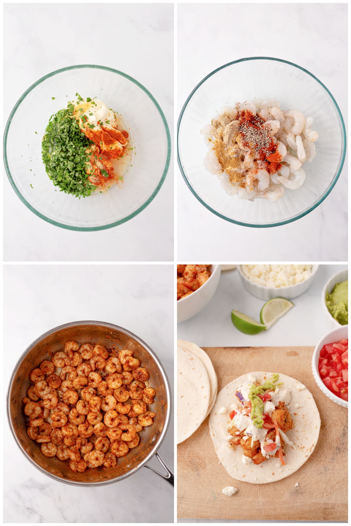 A collage of four images showing how to make baja shrimp tacos.
